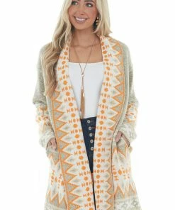 BiBi Latte Aztec Print Open Front Cardigan Tops