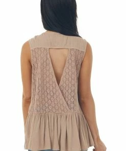 Doe & Rae Latte Brown Peplum Tank Top With Crochet Lace Details