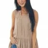 Doe & Rae Latte Brown Peplum Tank Top With Crochet Lace Details
