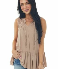 Doe & Rae Latte Brown Peplum Tank Top With Crochet Lace Details