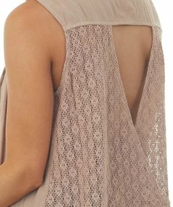 Doe & Rae Latte Brown Peplum Tank Top With Crochet Lace Details