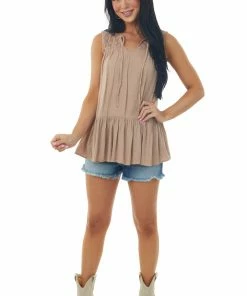 Doe & Rae Latte Brown Peplum Tank Top With Crochet Lace Details