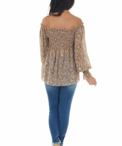 She + Sky Latte Chiffon Floral Print Long Sleeve Top