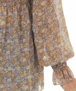 She + Sky Latte Chiffon Floral Print Long Sleeve Top