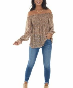 She + Sky Latte Chiffon Floral Print Long Sleeve Top