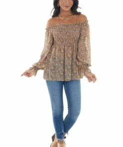 She + Sky Latte Chiffon Floral Print Long Sleeve Top