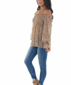 She + Sky Latte Chiffon Floral Print Long Sleeve Top