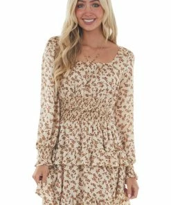 Hailey & Co Dresses Latte Floral Long Sleeve Tiered Short Dress