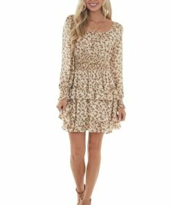 Hailey & Co Dresses Latte Floral Long Sleeve Tiered Short Dress