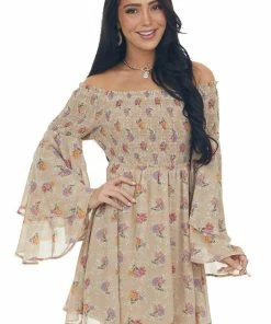 Jodifl Dresses Latte Floral Print Long Sleeve Off The Shoulder Dress
