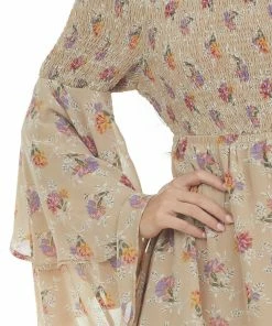 Jodifl Dresses Latte Floral Print Long Sleeve Off The Shoulder Dress