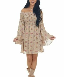 Jodifl Dresses Latte Floral Print Long Sleeve Off The Shoulder Dress