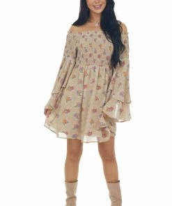 Jodifl Dresses Latte Floral Print Long Sleeve Off The Shoulder Dress