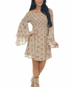 Jodifl Dresses Latte Floral Print Long Sleeve Off The Shoulder Dress