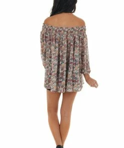 Davi & Dani Latte Floral Print Smocked Off Shoulder Blouse Tops