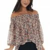 Davi & Dani Latte Floral Print Smocked Off Shoulder Blouse Tops
