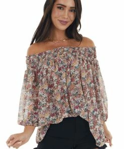 Davi & Dani Latte Floral Print Smocked Off Shoulder Blouse Tops