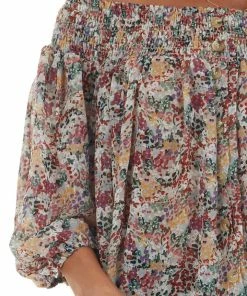 Davi & Dani Latte Floral Print Smocked Off Shoulder Blouse Tops