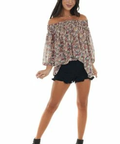 Davi & Dani Latte Floral Print Smocked Off Shoulder Blouse Tops