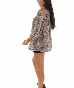 Davi & Dani Latte Floral Print Smocked Off Shoulder Blouse Tops