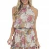Sweet Lemon Latte Floral Ruffle Halter Neck Short Dress 1 Sweet Lemon Latte Floral Ruffle Halter Neck Short Dress