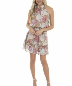 Sweet Lemon Latte Floral Ruffle Halter Neck Short Dress