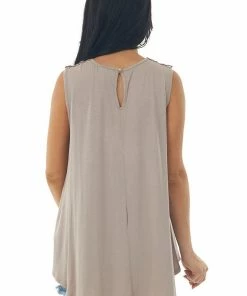 Urban Chic Latte Flowy Sleeveless Top With Sheer Crochet Detail