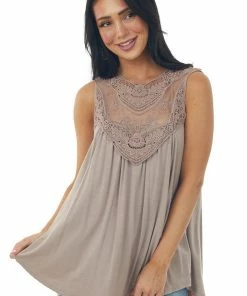 Urban Chic Latte Flowy Sleeveless Top With Sheer Crochet Detail