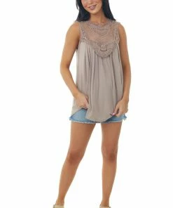 Urban Chic Latte Flowy Sleeveless Top With Sheer Crochet Detail