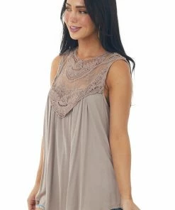 Urban Chic Latte Flowy Sleeveless Top With Sheer Crochet Detail