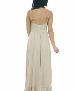 HYFVE Dresses Latte Lace V Neck Maxi Dress With Ruffle Hem
