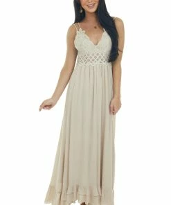 HYFVE Dresses Latte Lace V Neck Maxi Dress With Ruffle Hem