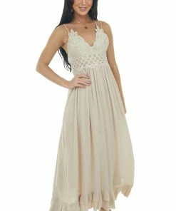 HYFVE Dresses Latte Lace V Neck Maxi Dress With Ruffle Hem