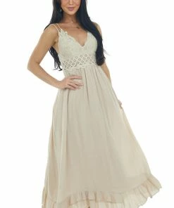 HYFVE Dresses Latte Lace V Neck Maxi Dress With Ruffle Hem