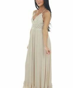 HYFVE Dresses Latte Lace V Neck Maxi Dress With Ruffle Hem