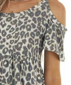 Sweet Lovely Latte Leopard Print Cold Shoulder Short Sleeve Short Dress Dresses