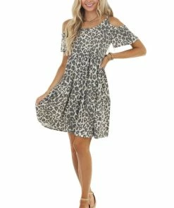 Sweet Lovely Latte Leopard Print Cold Shoulder Short Sleeve Short Dress Dresses