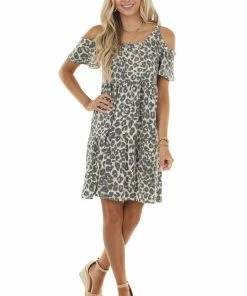 Sweet Lovely Latte Leopard Print Cold Shoulder Short Sleeve Short Dress Dresses