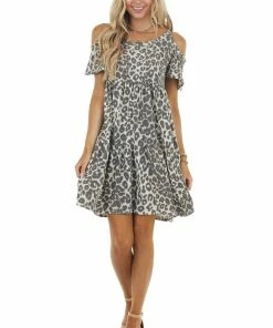 Sweet Lovely Latte Leopard Print Cold Shoulder Short Sleeve Short Dress Dresses