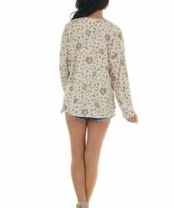 Cotton Bleu Latte Leopard Print French Terry Knit Long Sleeve Top Tops