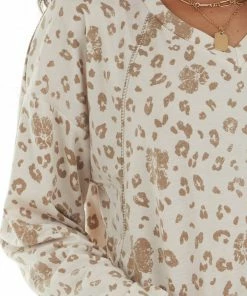 Cotton Bleu Latte Leopard Print French Terry Knit Long Sleeve Top Tops