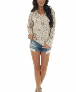Cotton Bleu Latte Leopard Print French Terry Knit Long Sleeve Top Tops
