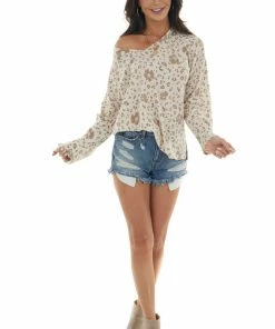 Cotton Bleu Latte Leopard Print French Terry Knit Long Sleeve Top Tops