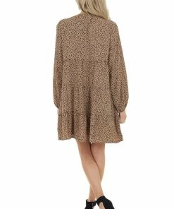 Cotton Bleu Latte Leopard Print Tiered Short Dress With Long Sleeves Dresses