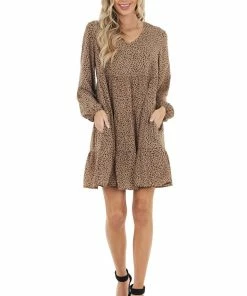 Cotton Bleu Latte Leopard Print Tiered Short Dress With Long Sleeves Dresses