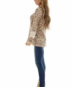 First Love Latte Leopard Print Top With Crochet Lace Detail On Sleeves