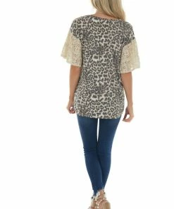 BiBi Latte Leopard Print Top With Short Floral Lace Bell Sleeves 24 BiBi Latte Leopard Print Top With Short Floral Lace Bell Sleeves