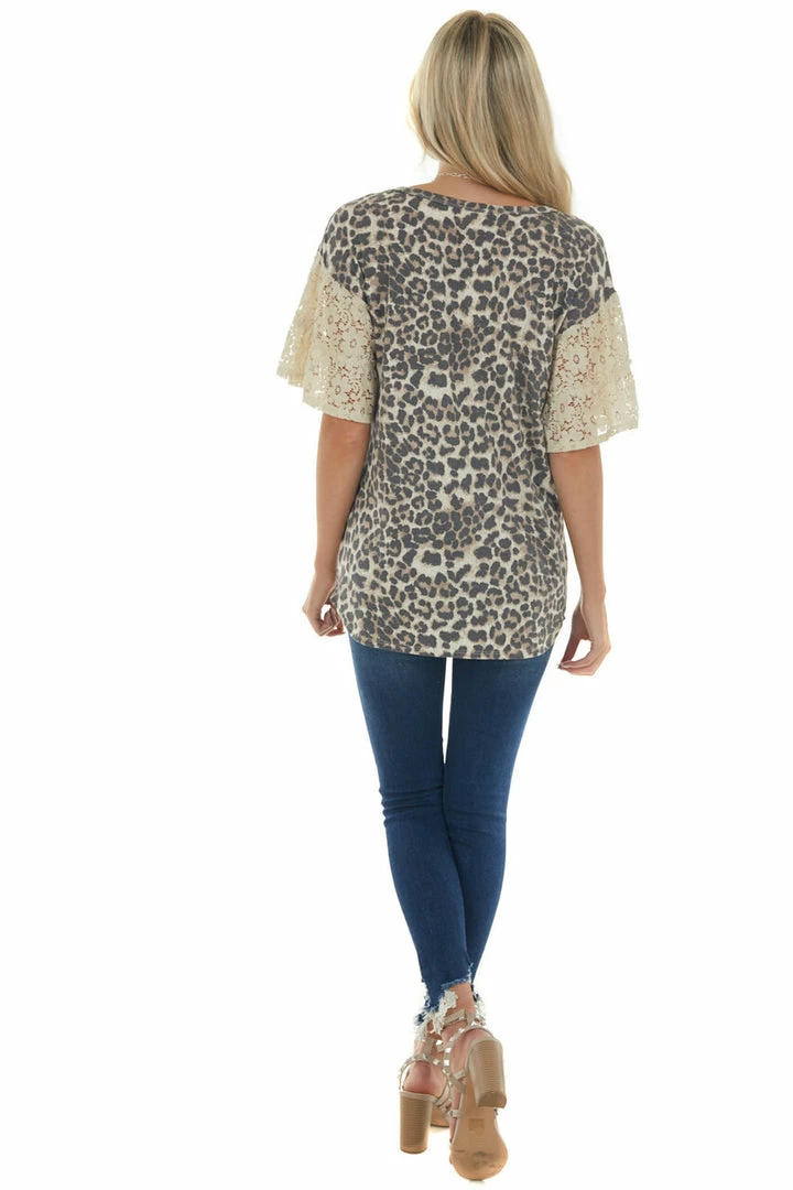 BiBi Latte Leopard Print Top With Short Floral Lace Bell Sleeves 9 BiBi Latte Leopard Print Top With Short Floral Lace Bell Sleeves
