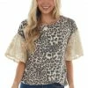 BiBi Latte Leopard Print Top With Short Floral Lace Bell Sleeves