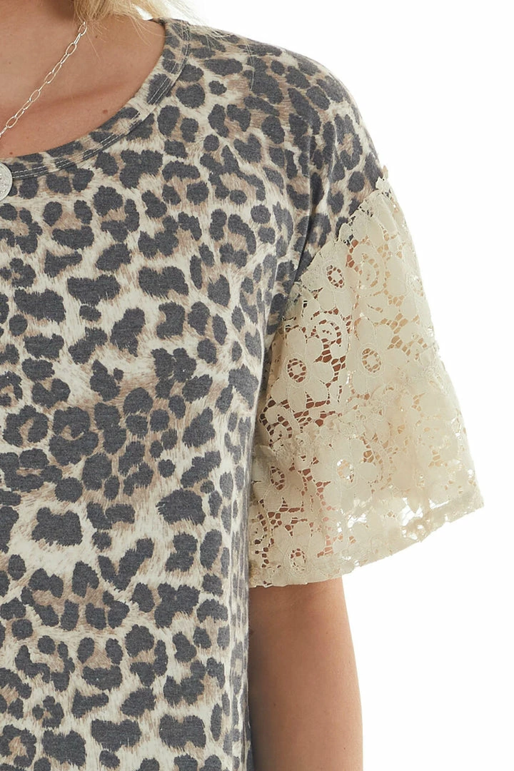 BiBi Latte Leopard Print Top With Short Floral Lace Bell Sleeves 10 BiBi Latte Leopard Print Top With Short Floral Lace Bell Sleeves